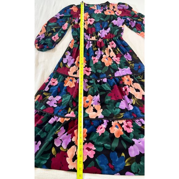 Clover and Sloane Long Sleeve Tiered Midi Black & Floral Dress Women's US 4 - Picture 2 of 7